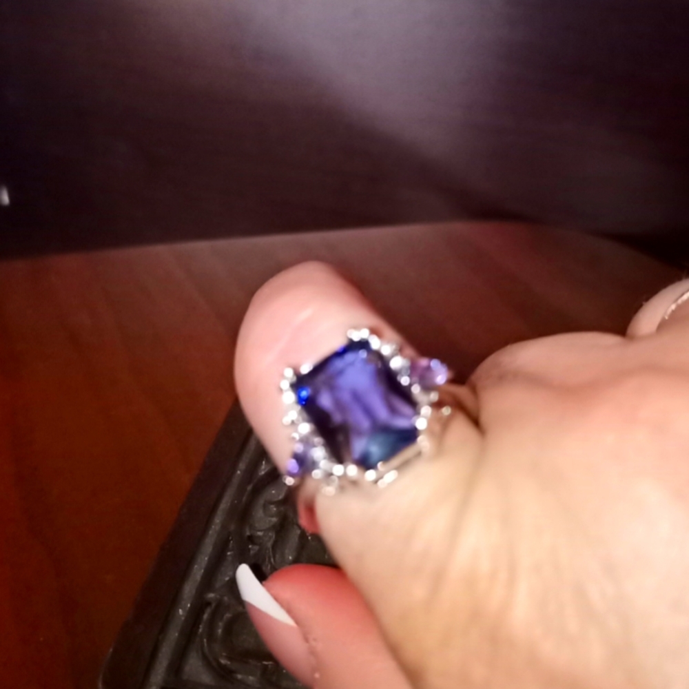 Large Emerald Cut Faux Amethyst Ring-Faux White Sapphire & Diamond Stones Sz 11 - Picture 4 of 8